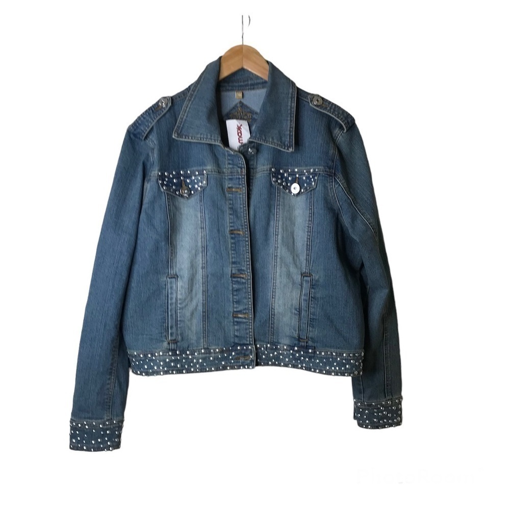 JouJou Jr Plus 2X Denim Jean Jacket Studded Distressed Cropped Pockets Logo NWT
